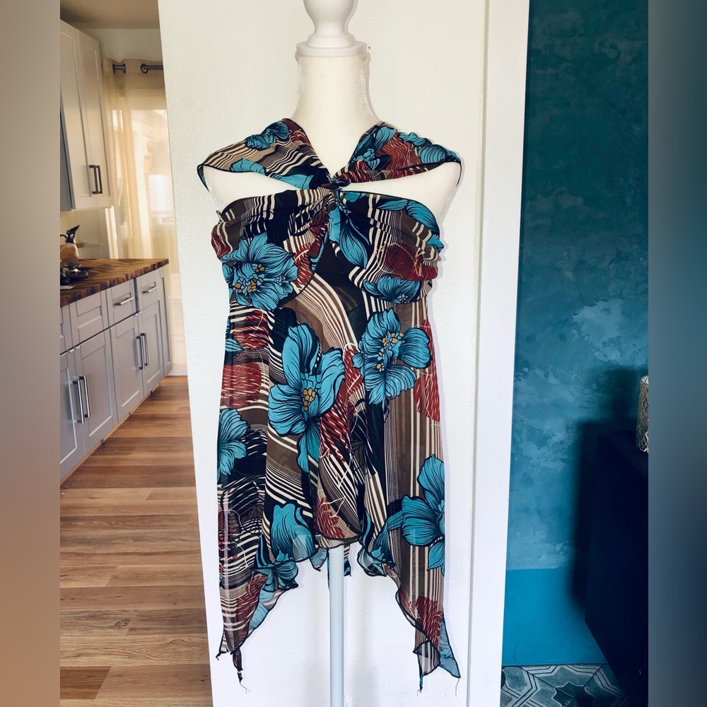 Blue Floral Asymmetric Halter Top